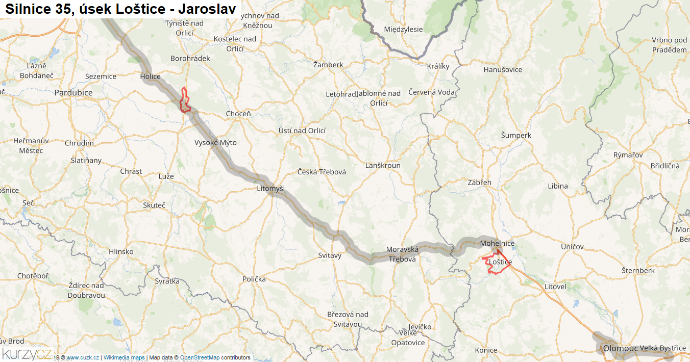 Úsek Loštice - Jaroslav, Silnice 35 - Mapa