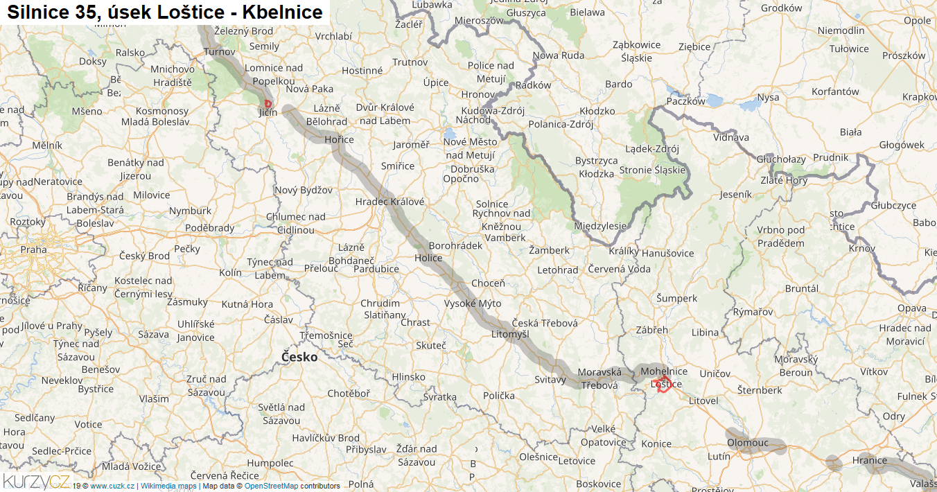 Úsek Loštice - Kbelnice, Silnice 35 - Mapa