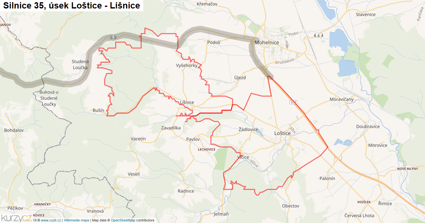 Úsek Loštice - Líšnice, Silnice 35 - Mapa