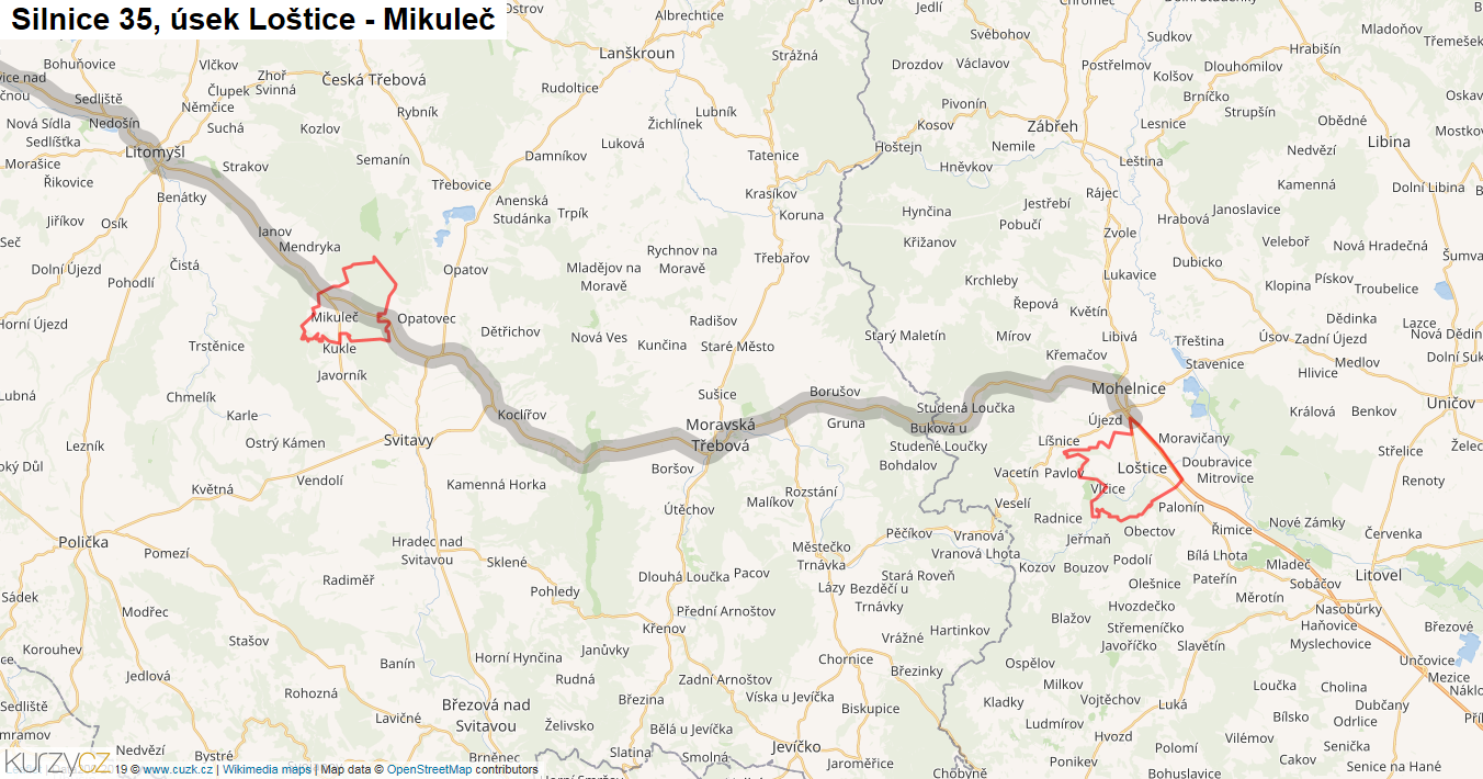Úsek Loštice - Mikuleč, Silnice 35 - Mapa