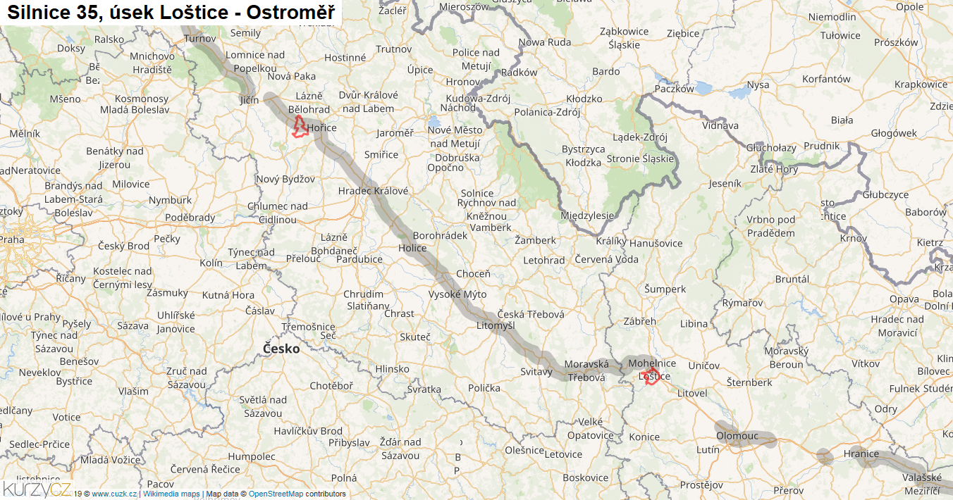 Úsek Loštice - Ostroměř, Silnice 35 - Mapa