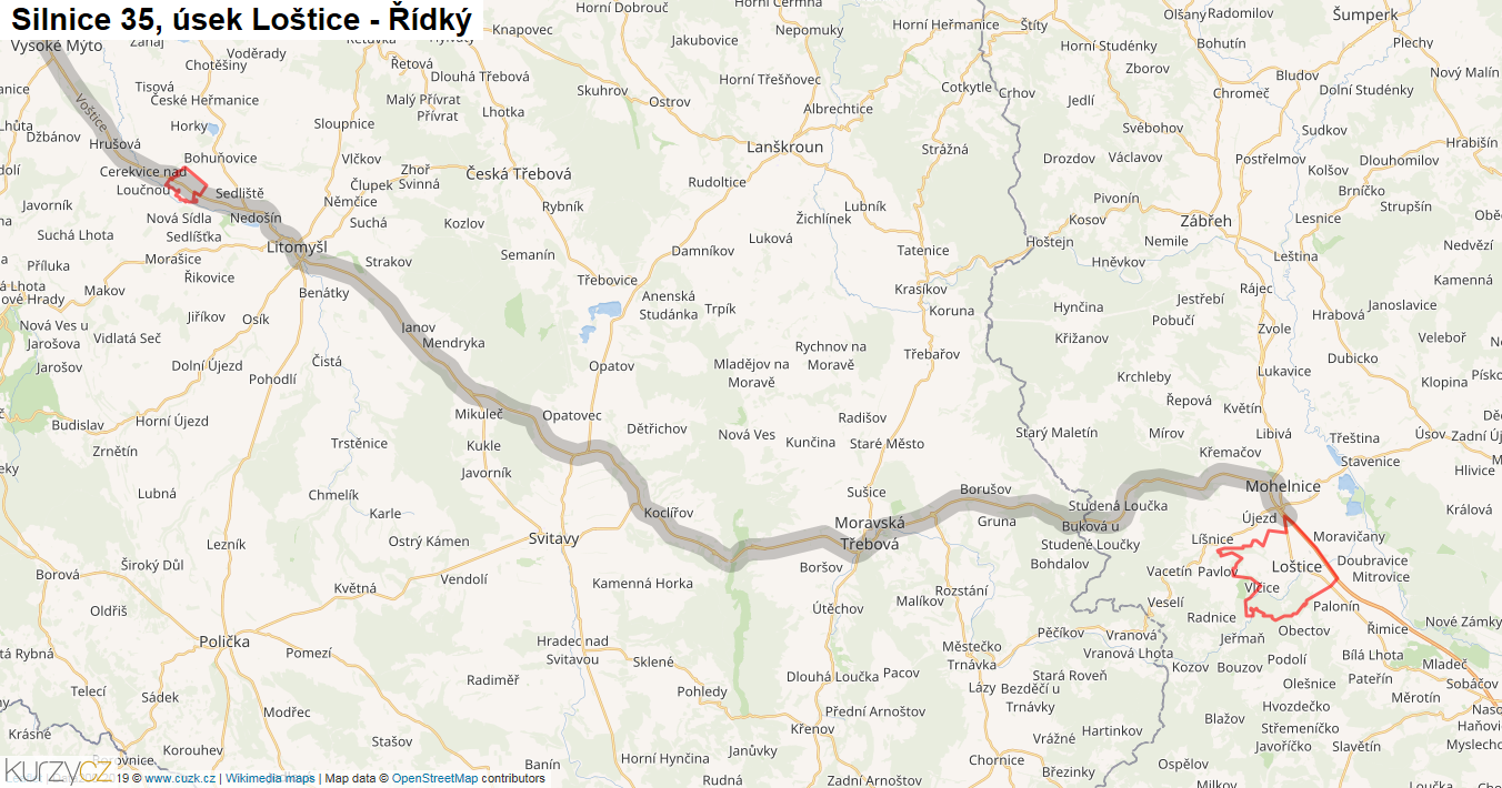 Úsek Loštice - Řídký, Silnice 35 - Mapa
