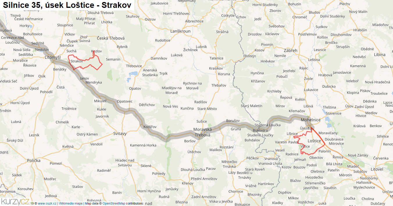 Úsek Loštice - Strakov, Silnice 35 - Mapa