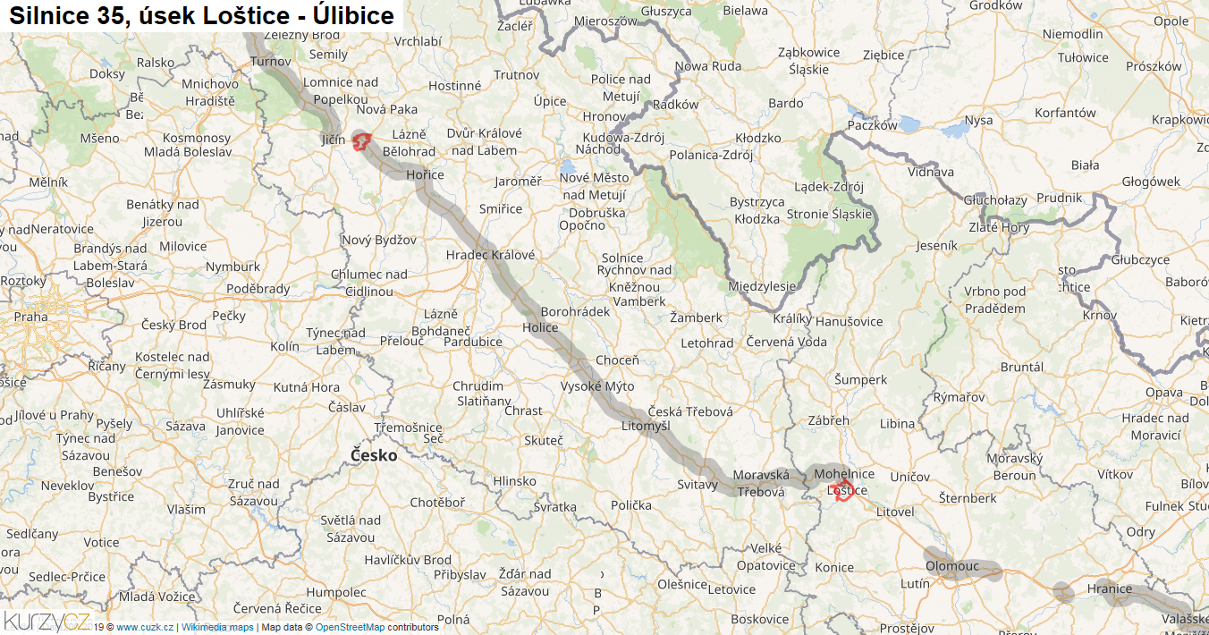 Úsek Loštice - Úlibice, Silnice 35 - Mapa