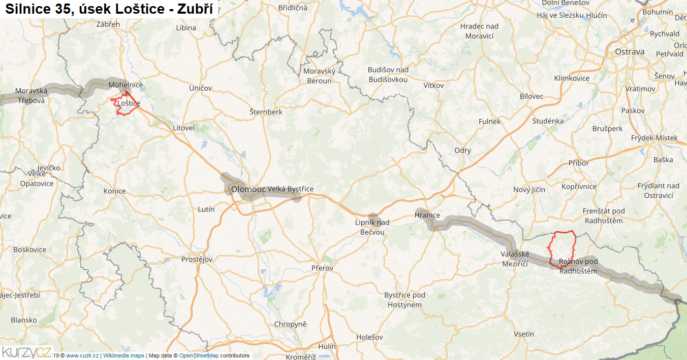 Úsek Loštice - Zubří, Silnice 35 - Mapa