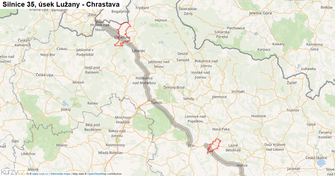 Úsek Lužany - Chrastava, Silnice 35 - Mapa