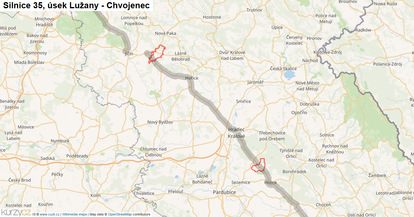 Úsek Lužany - Chvojenec, Silnice 35 - Mapa