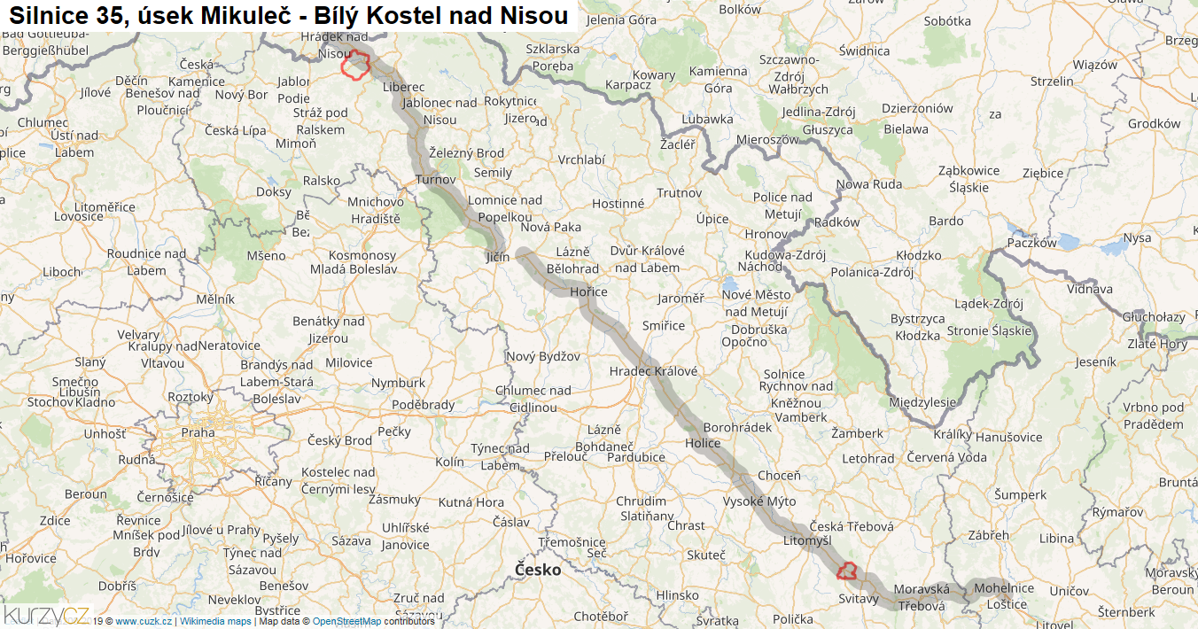 Úsek Mikuleč - Bílý Kostel nad Nisou, Silnice 35 - Mapa