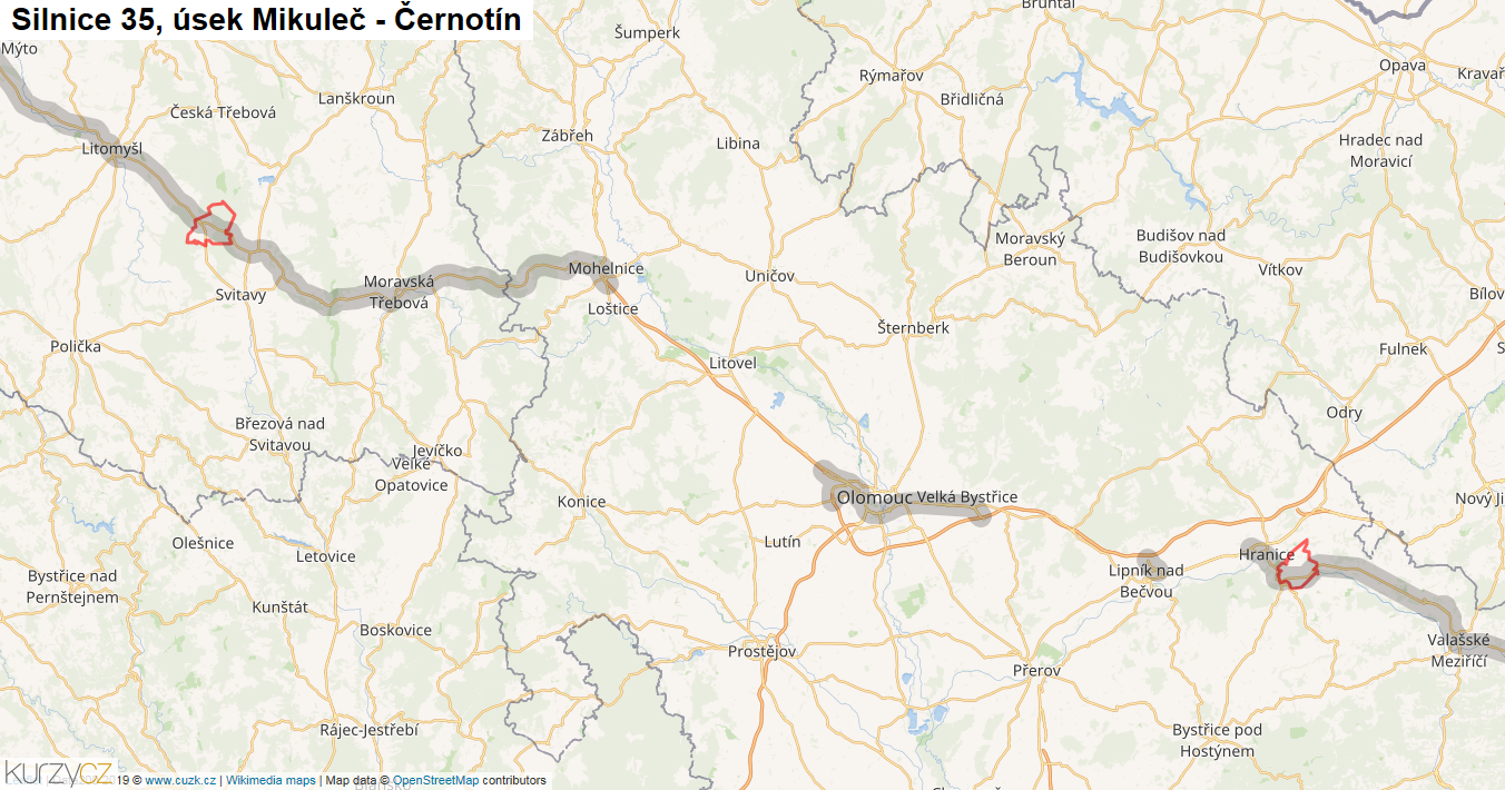 Úsek Mikuleč - Černotín, Silnice 35 - Mapa