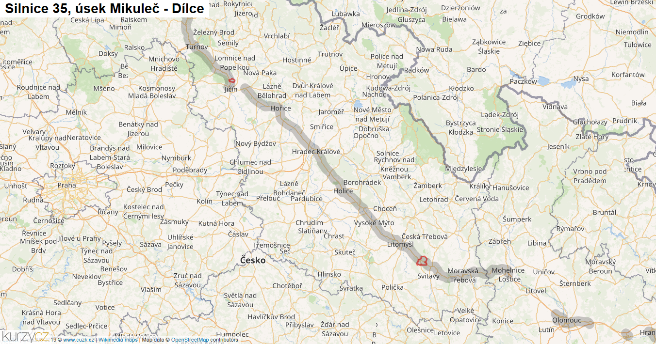 Úsek Mikuleč - Dílce, Silnice 35 - Mapa