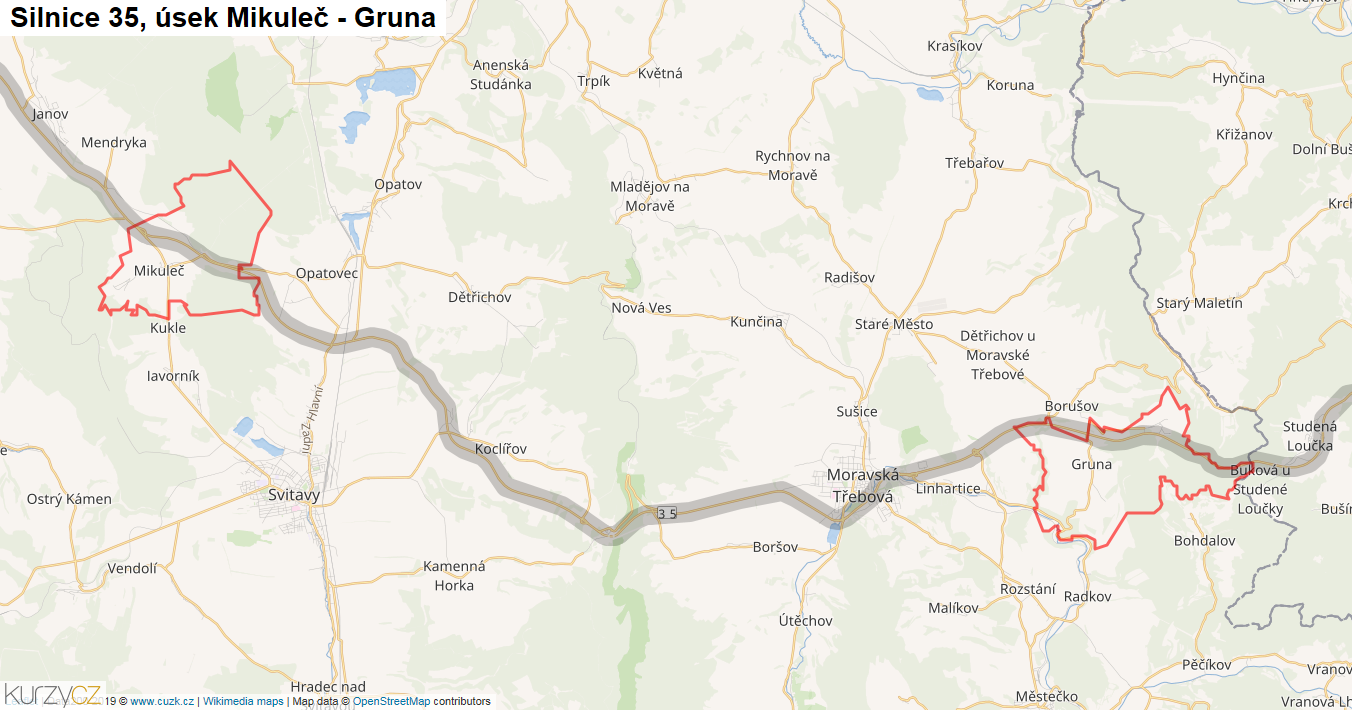 Úsek Mikuleč - Gruna, Silnice 35 - Mapa