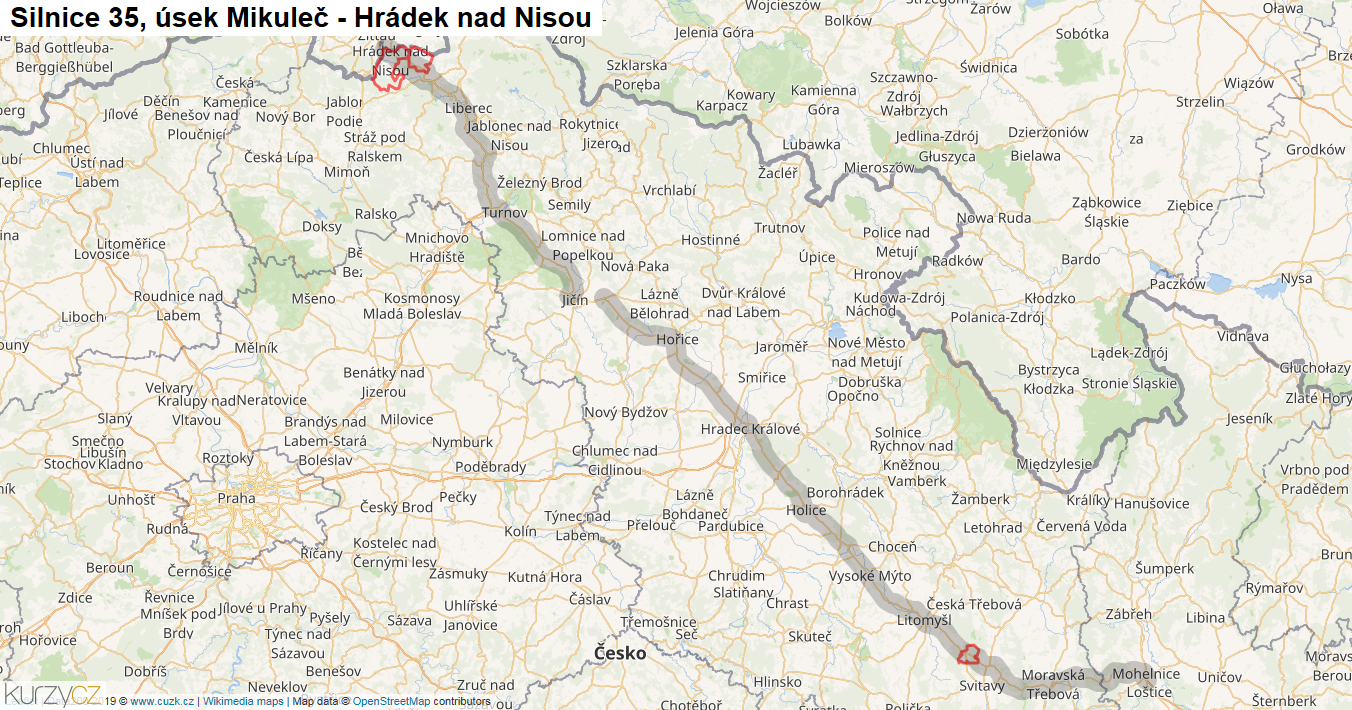 Úsek Mikuleč - Hrádek nad Nisou, Silnice 35 - Mapa