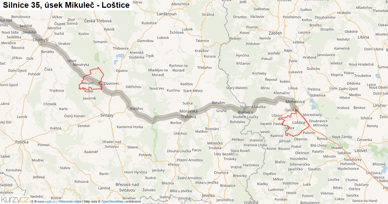 Úsek Mikuleč - Loštice, Silnice 35 - Mapa
