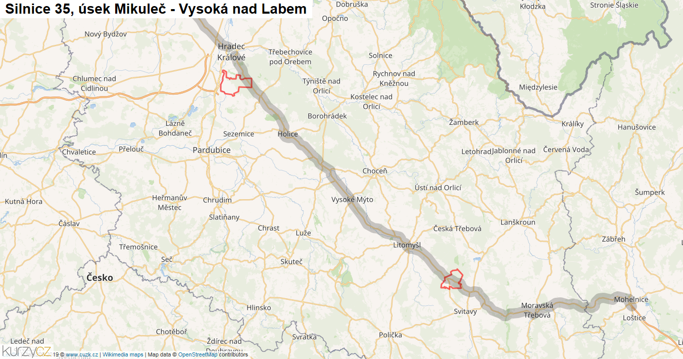 Úsek Mikuleč - Vysoká nad Labem, Silnice 35 - Mapa