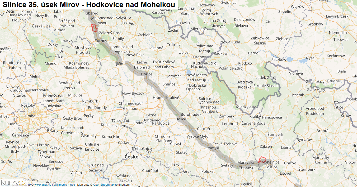 Úsek Mírov - Hodkovice nad Mohelkou, Silnice 35 - Mapa
