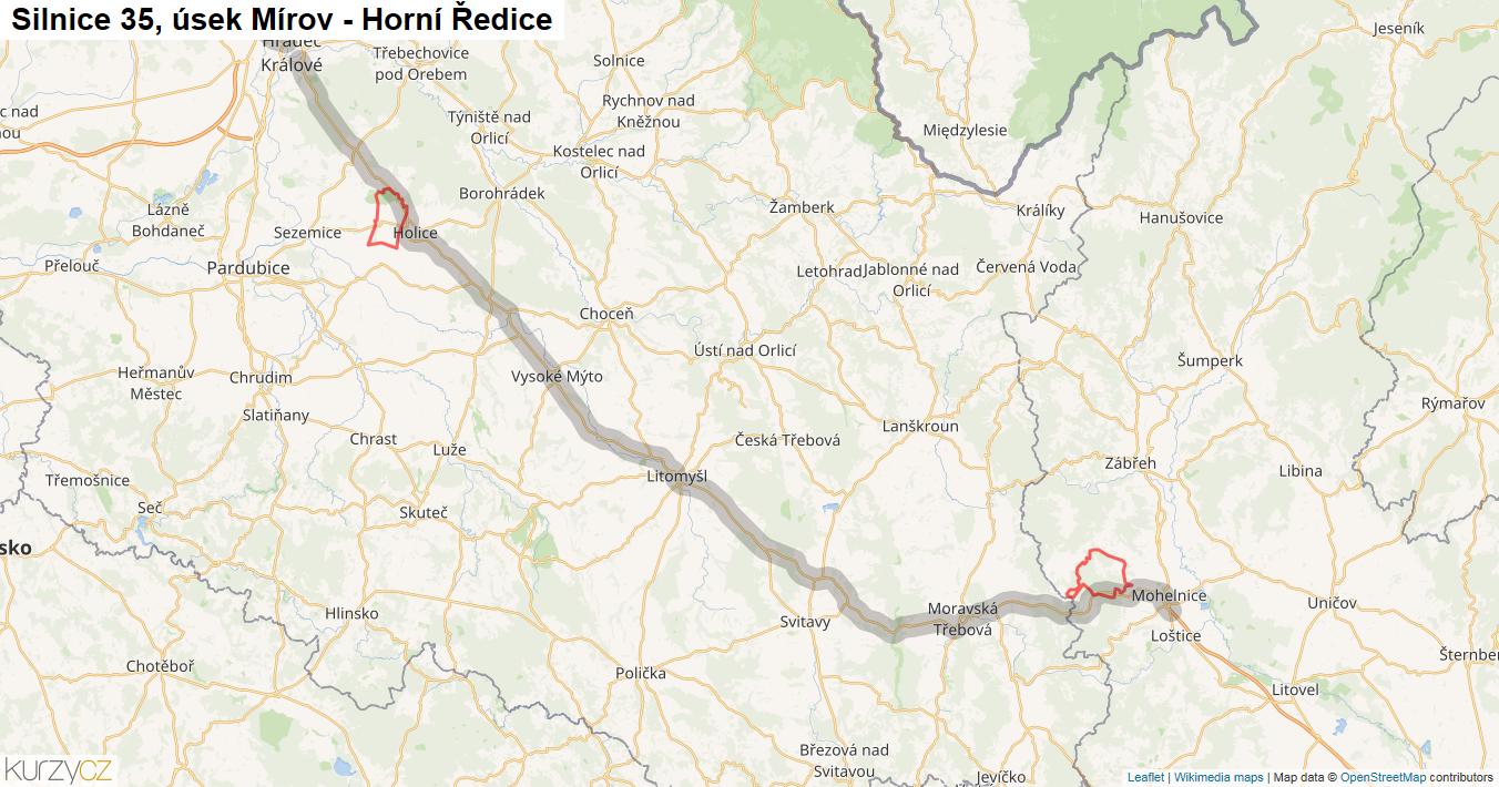 Úsek Mírov - Horní Ředice, Silnice 35 - Mapa