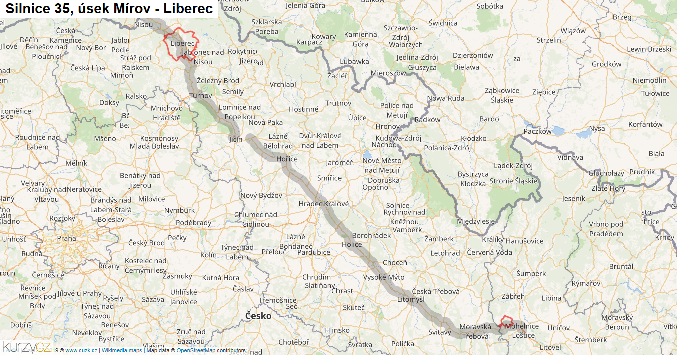 Úsek Mírov - Liberec, Silnice 35 - Mapa