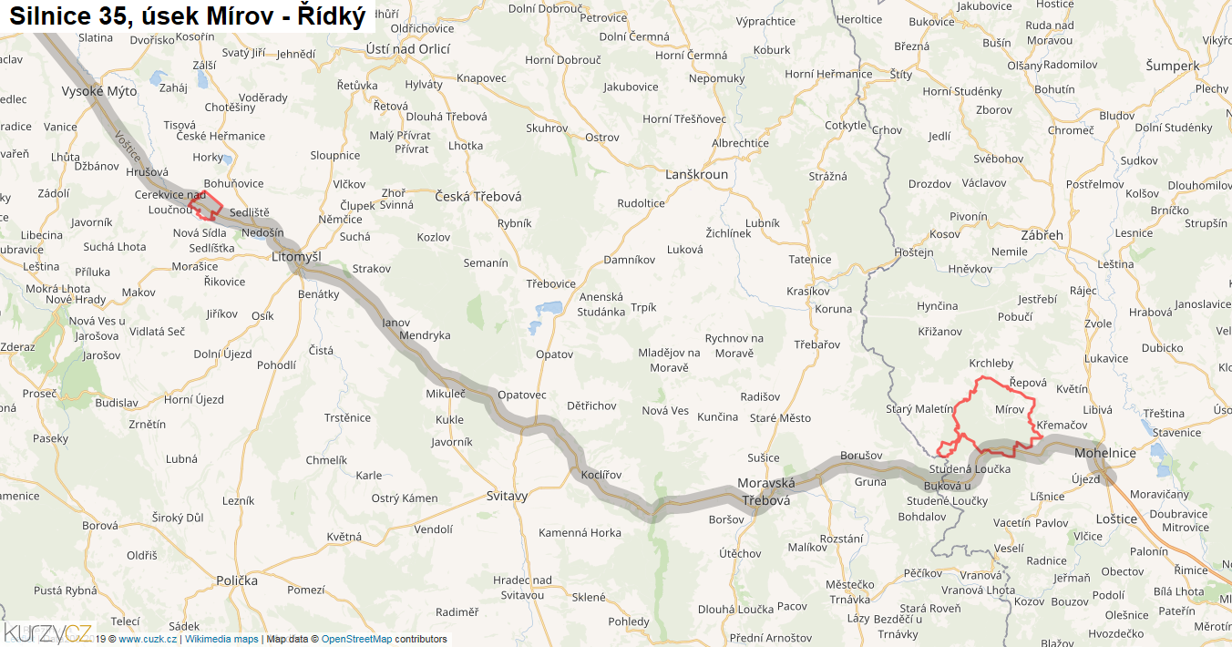 Úsek Mírov - Řídký, Silnice 35 - Mapa