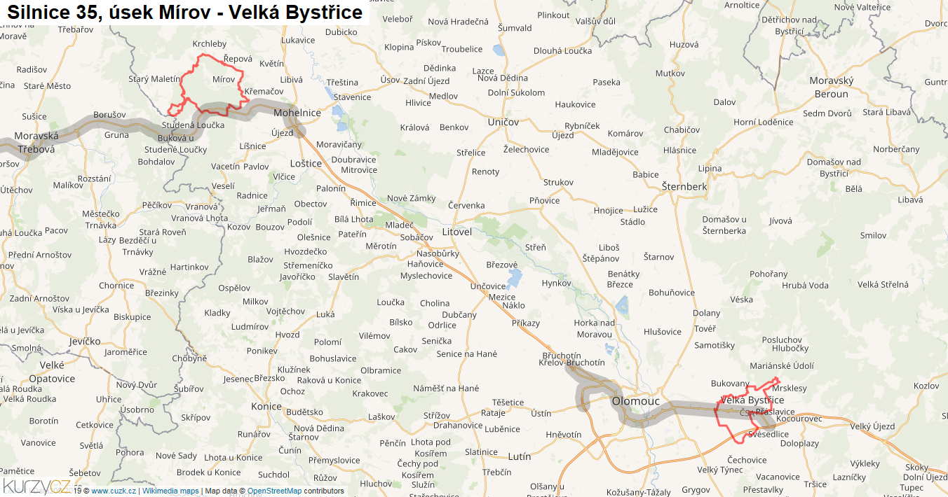 Úsek Mírov - Velká Bystřice, Silnice 35 - Mapa