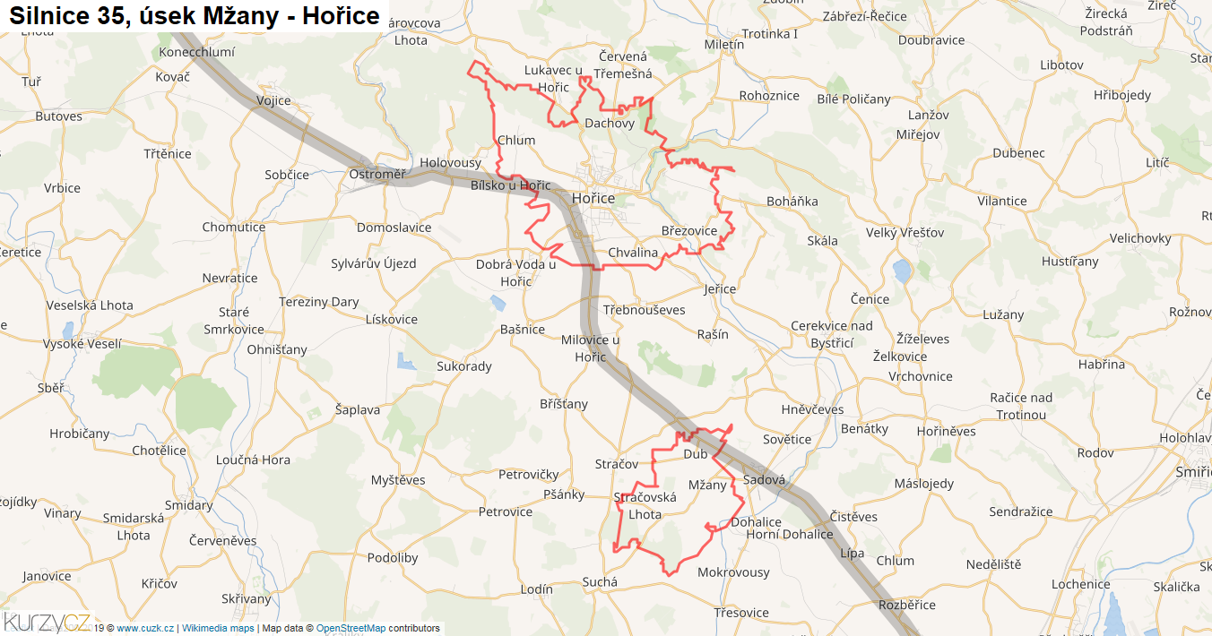 Úsek Mžany - Hořice, Silnice 35 - Mapa
