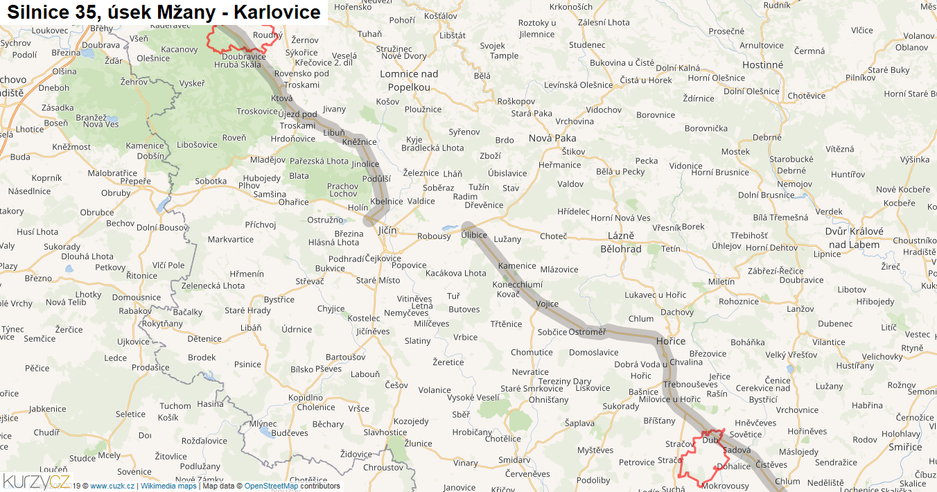Úsek Mžany - Karlovice, Silnice 35 - Mapa