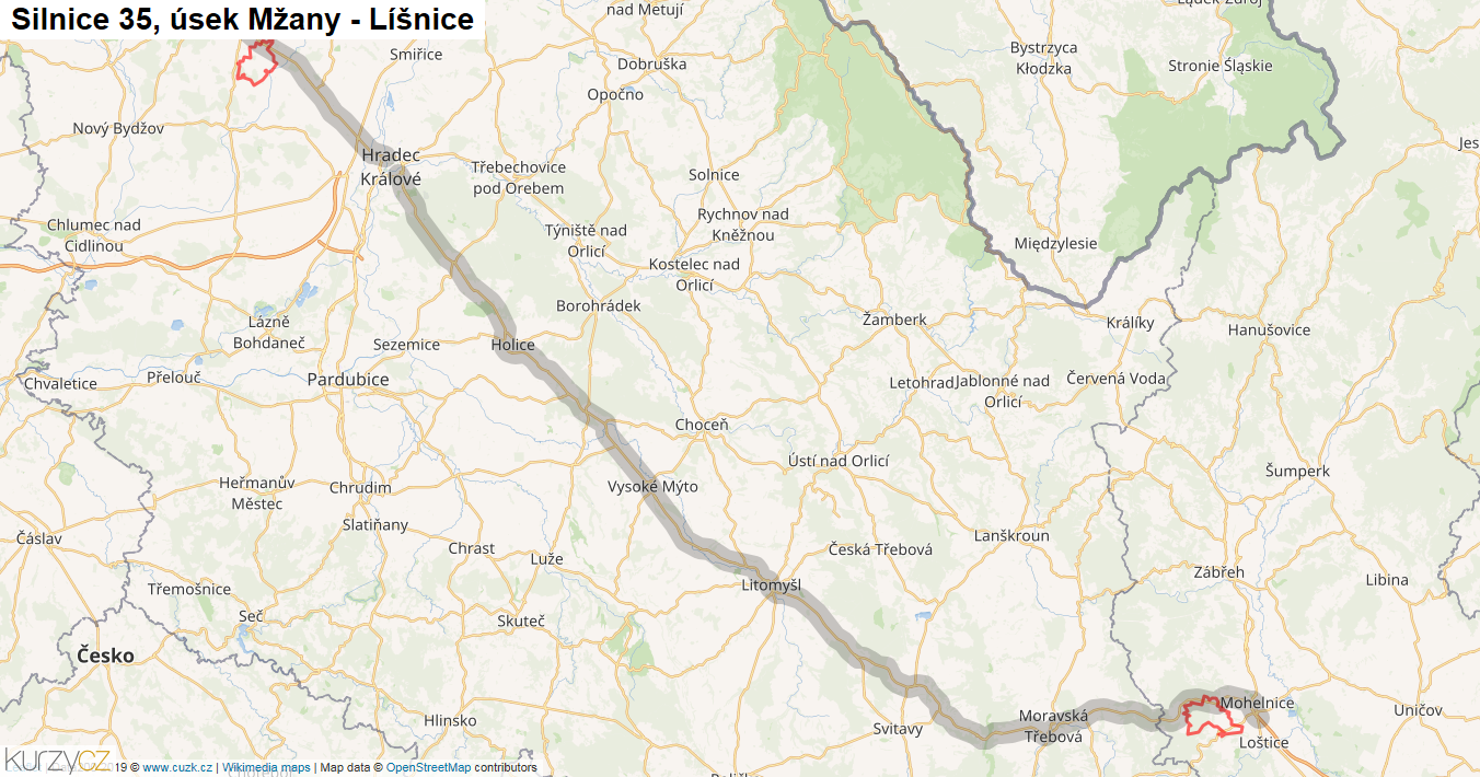 Úsek Mžany - Líšnice, Silnice 35 - Mapa
