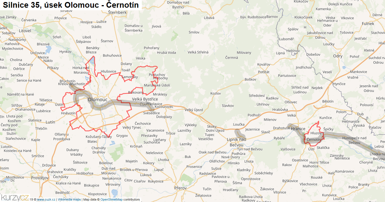 Úsek Olomouc - Černotín, Silnice 35 - Mapa