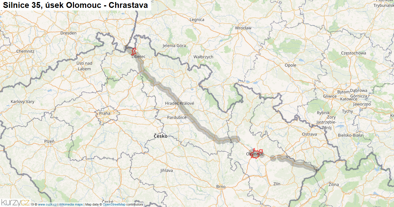 Úsek Olomouc - Chrastava, Silnice 35 - Mapa