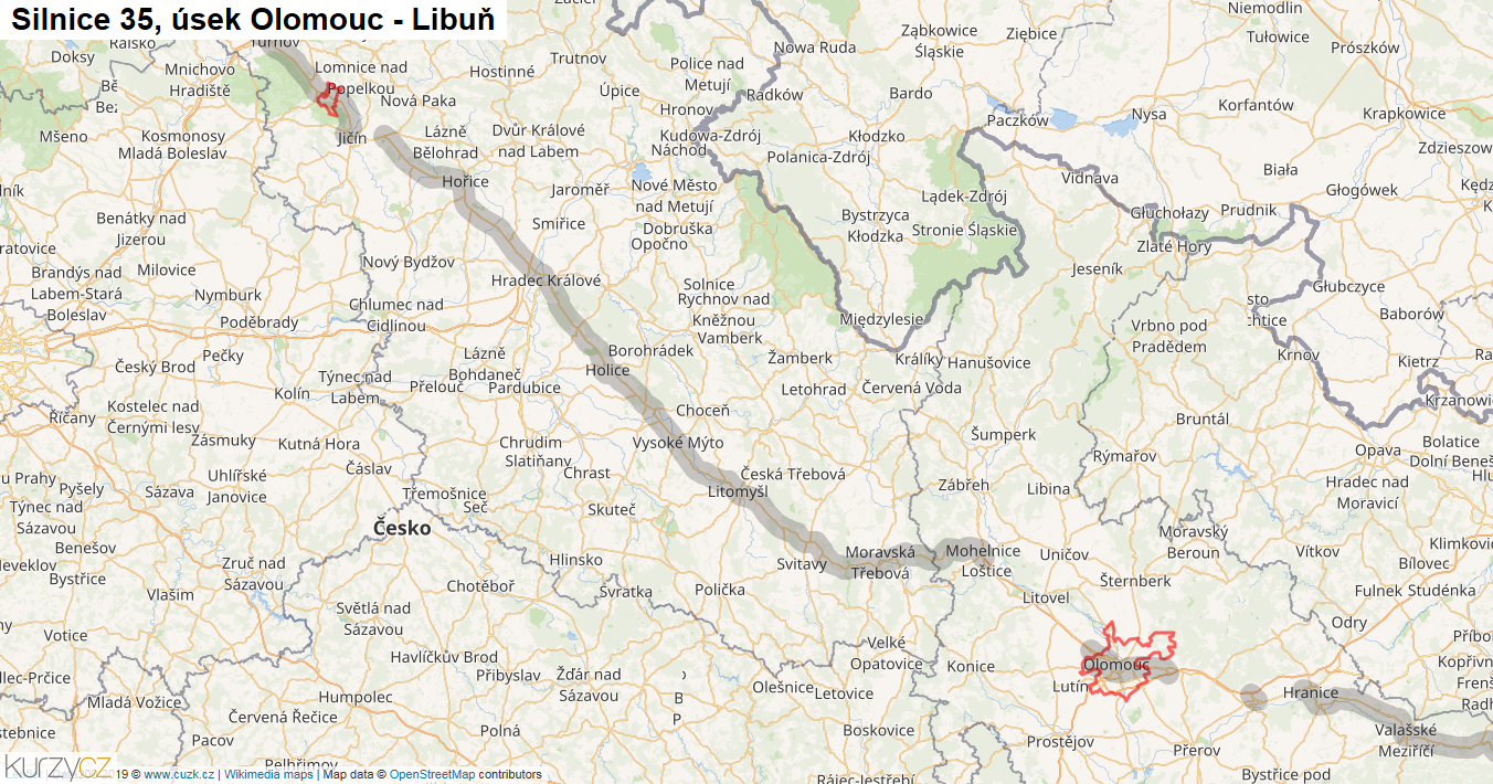 Úsek Olomouc - Libuň, Silnice 35 - Mapa