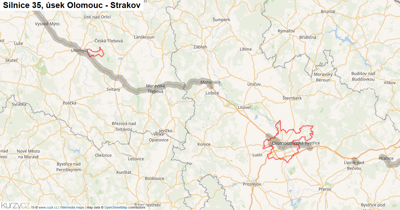 Úsek Olomouc - Strakov, Silnice 35 - Mapa