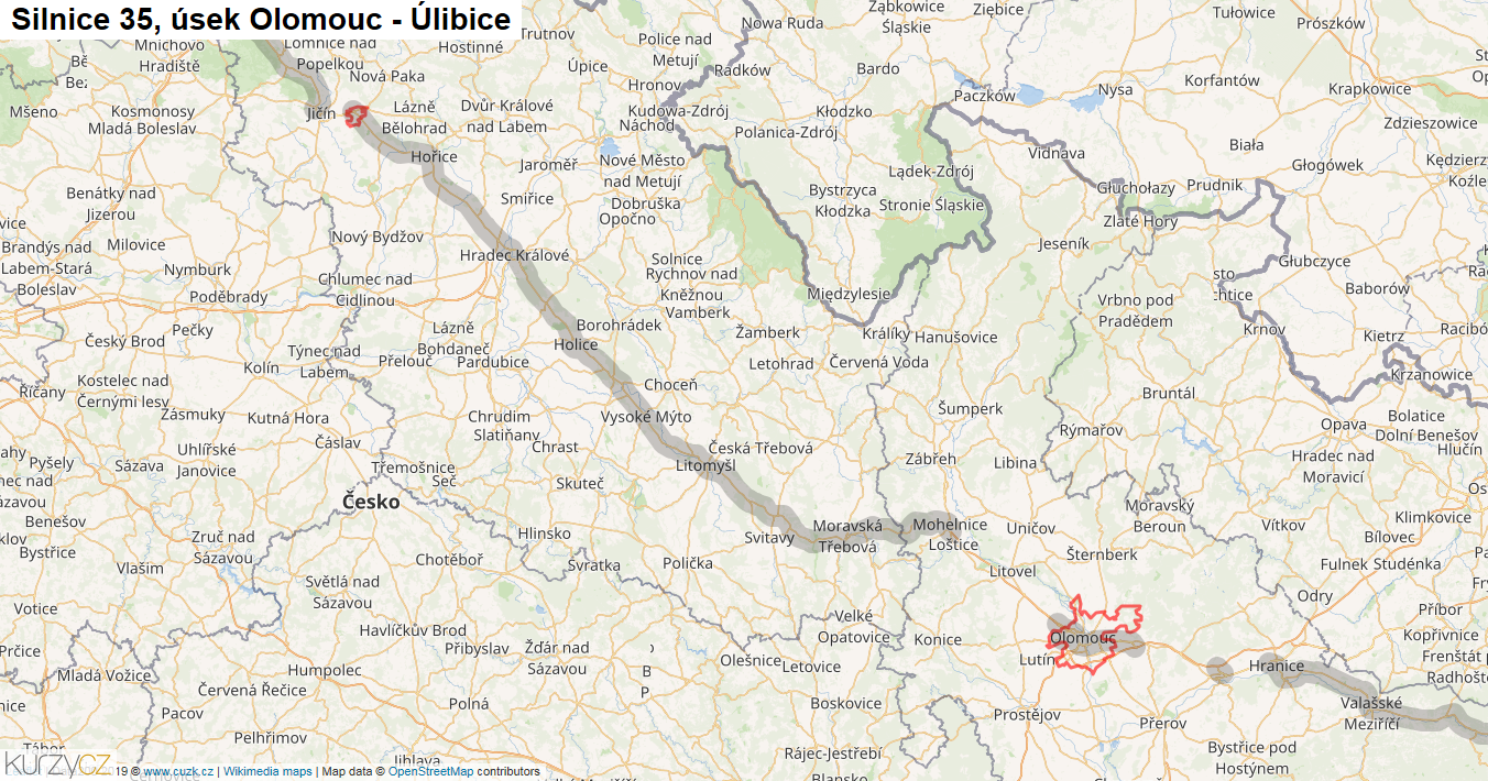 Úsek Olomouc - Úlibice, Silnice 35 - Mapa