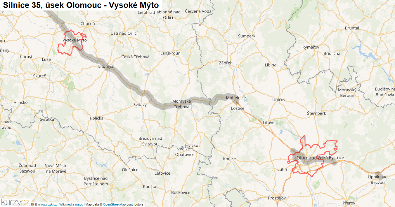 Úsek Olomouc - Vysoké Mýto, Silnice 35 - Mapa