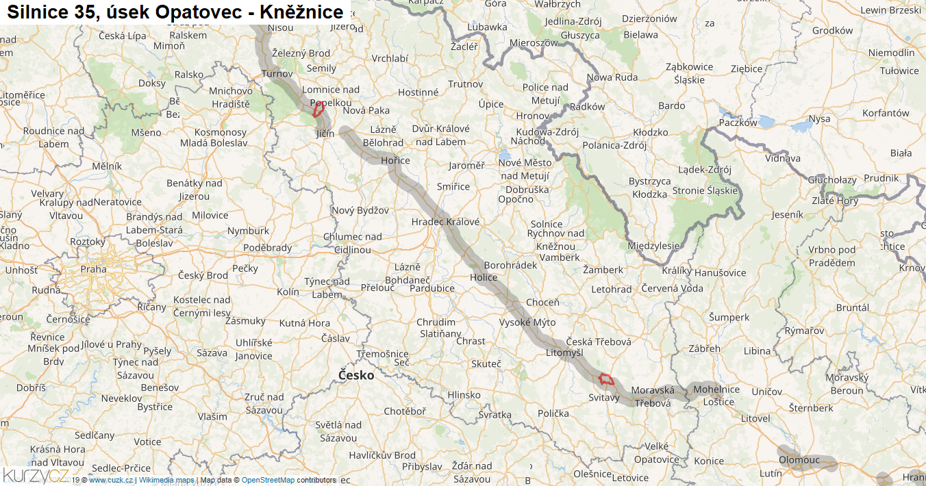 Úsek Opatovec - Kněžnice, Silnice 35 - Mapa