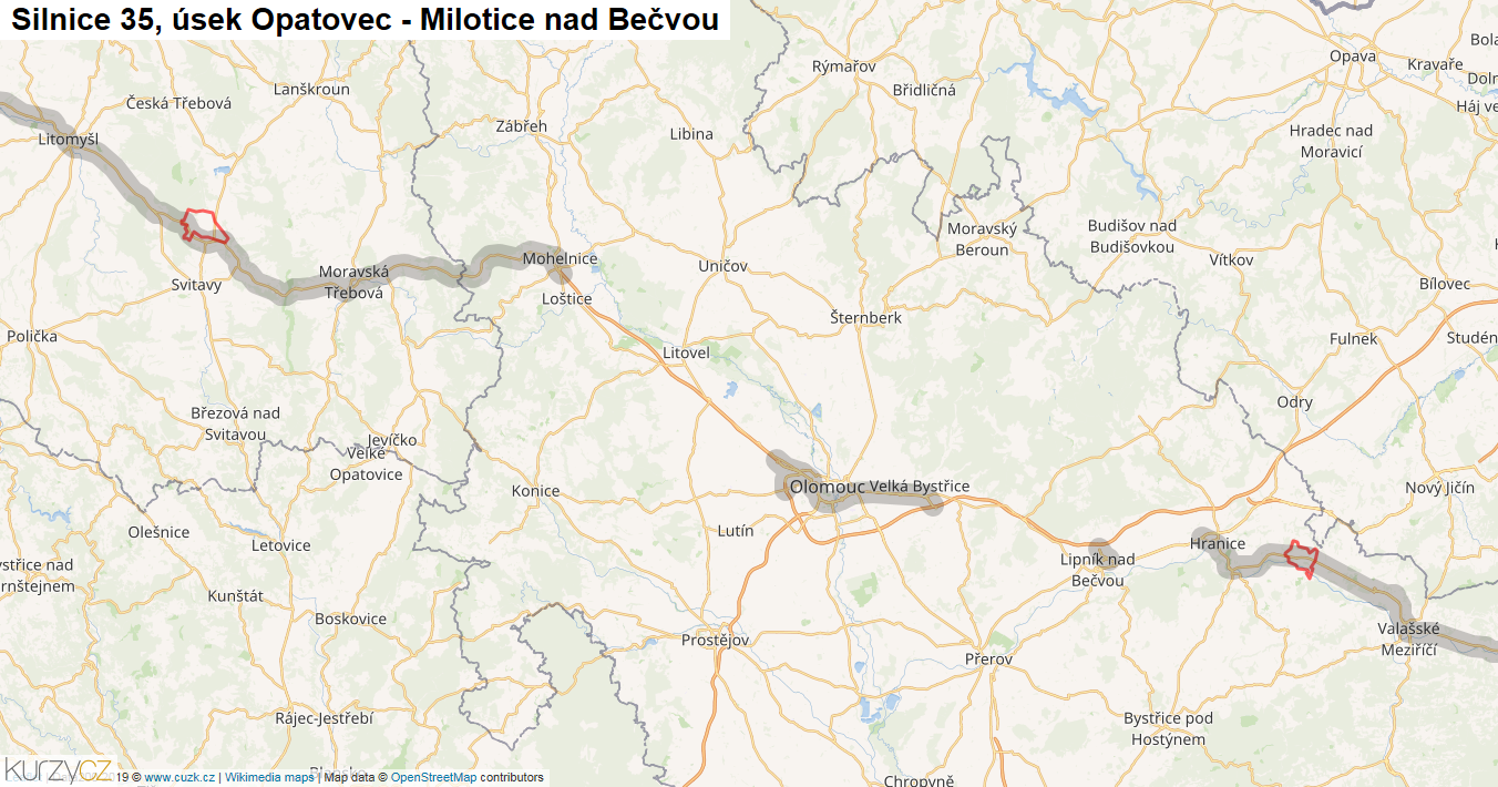 Úsek Opatovec - Milotice nad Bečvou, Silnice 35 - Mapa