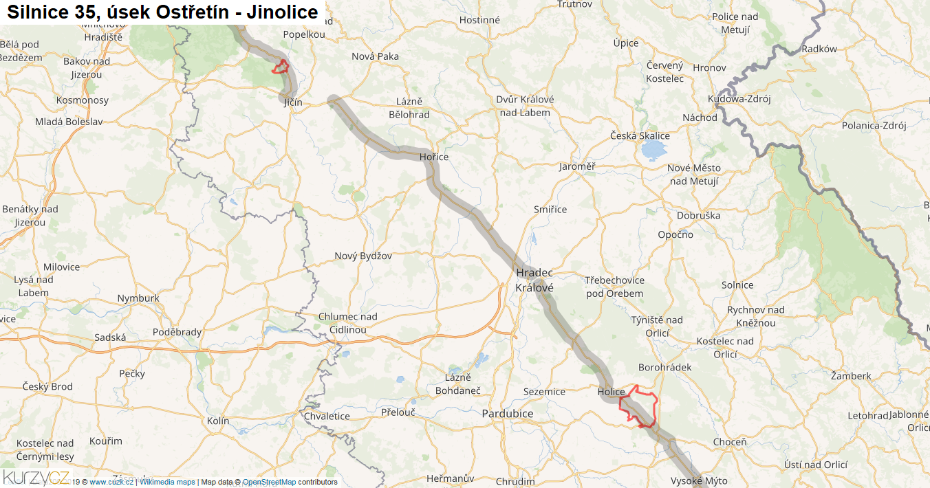 Úsek Ostřetín - Jinolice, Silnice 35 - Mapa