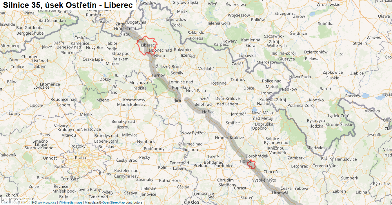Úsek Ostřetín - Liberec, Silnice 35 - Mapa