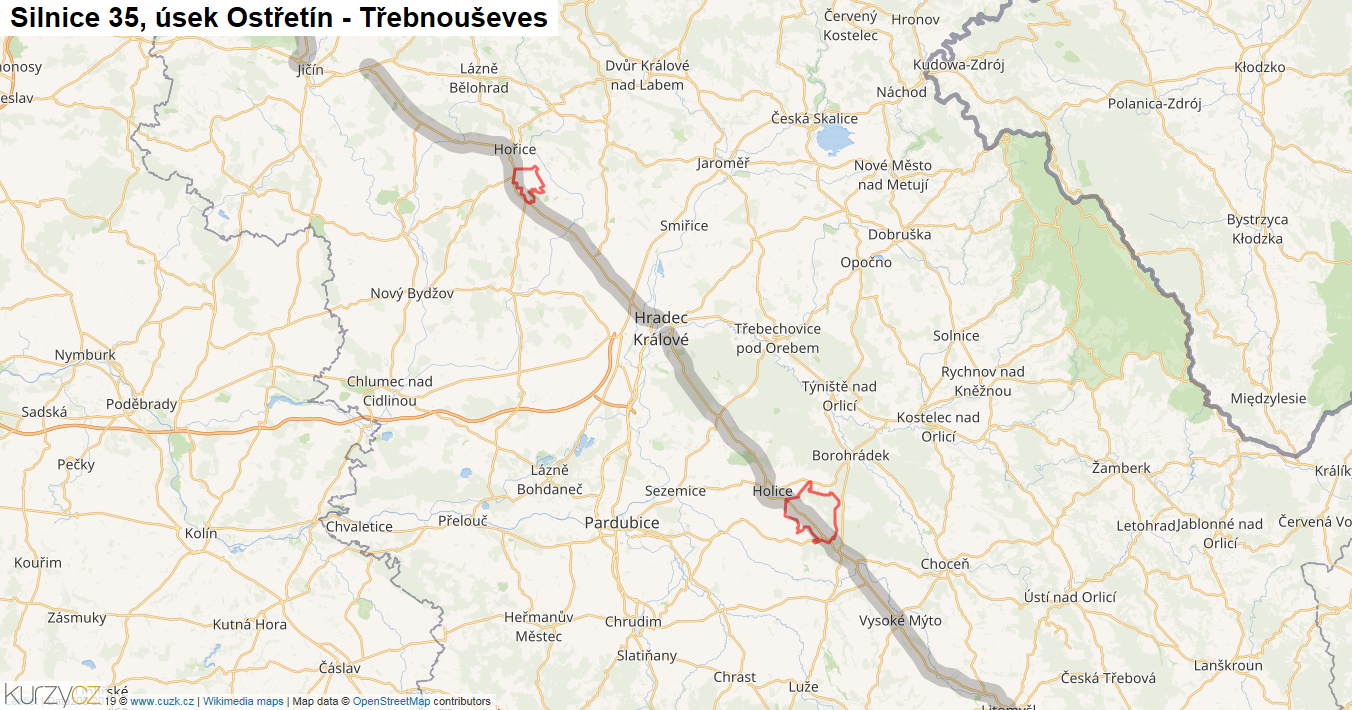 Úsek Ostřetín - Třebnouševes, Silnice 35 - Mapa