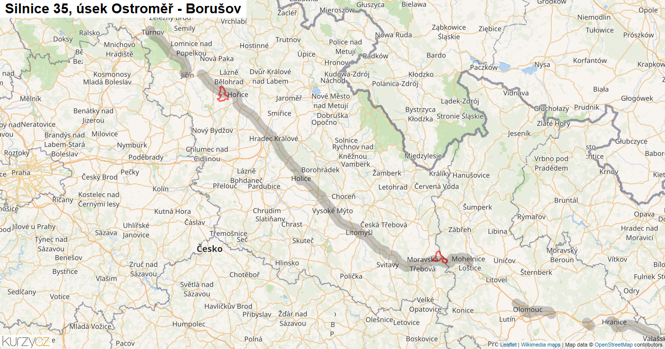 Úsek Ostroměř - Borušov, Silnice 35 - Mapa