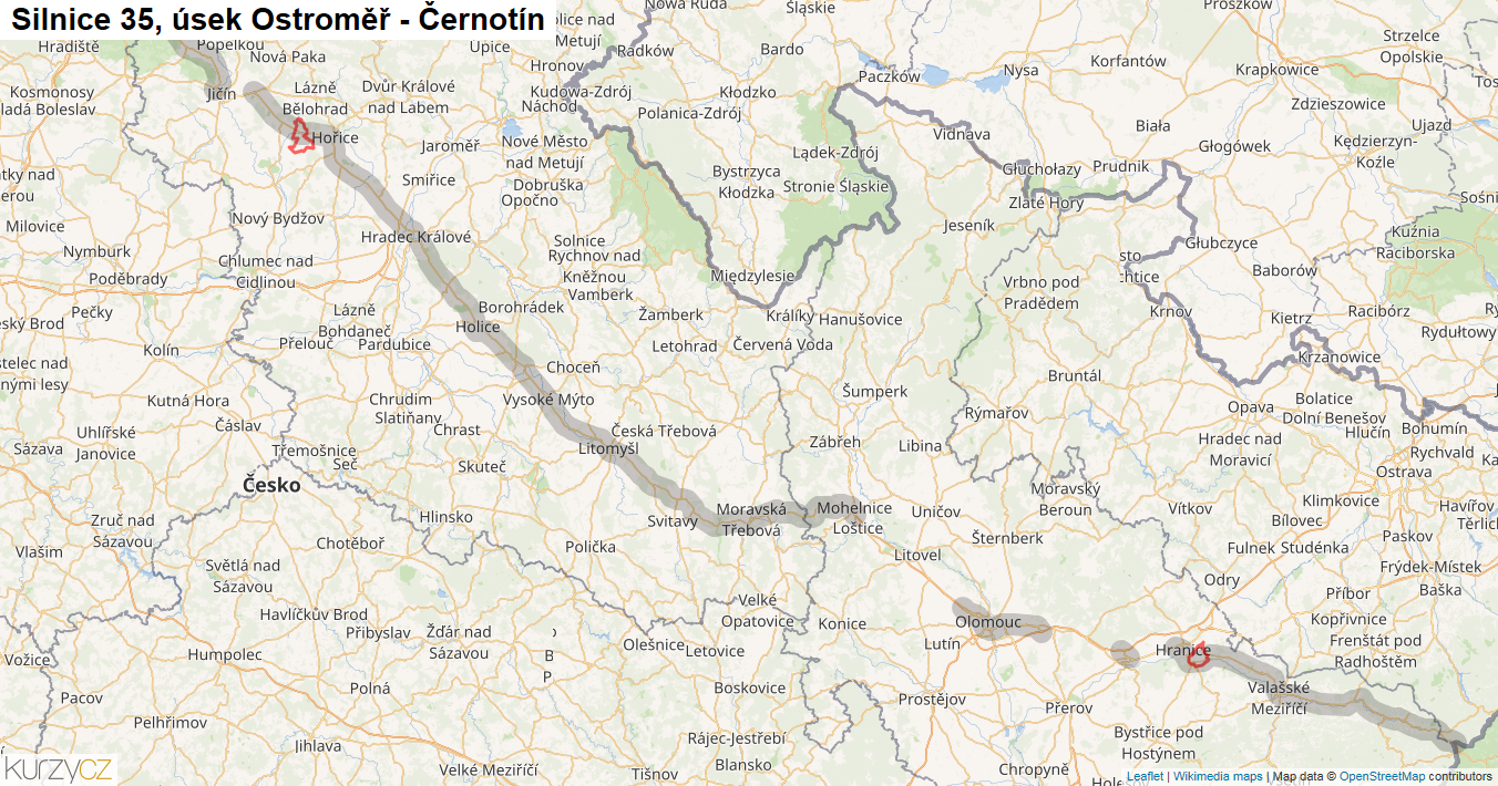 Úsek Ostroměř - Černotín, Silnice 35 - Mapa