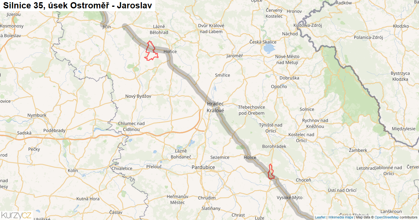 Úsek Ostroměř - Jaroslav, Silnice 35 - Mapa