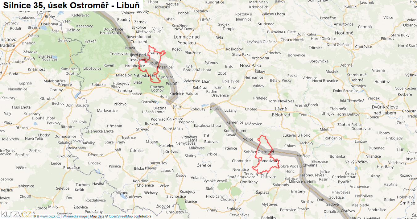 Úsek Ostroměř - Libuň, Silnice 35 - Mapa