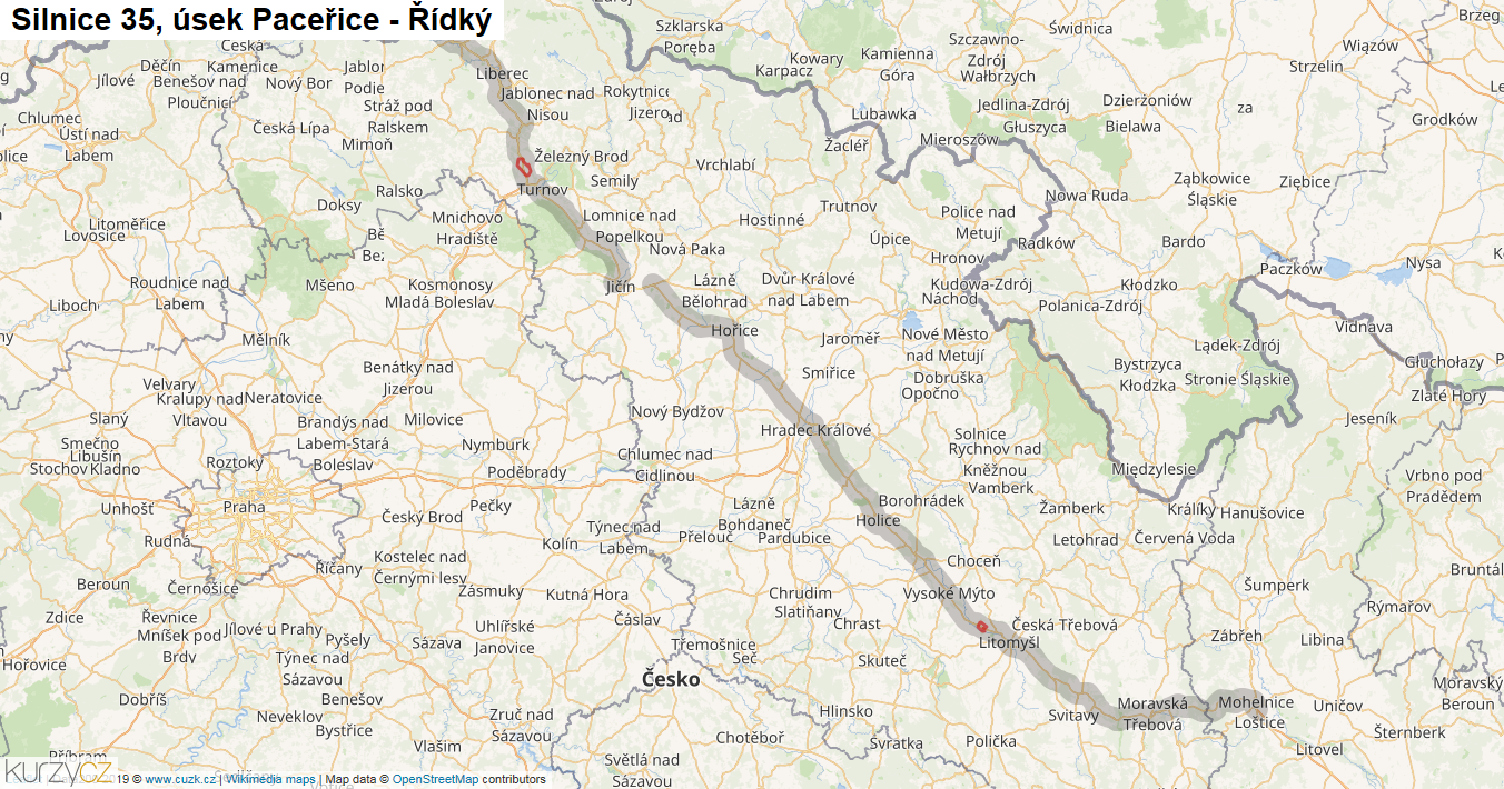 Úsek Paceřice - Řídký, Silnice 35 - Mapa