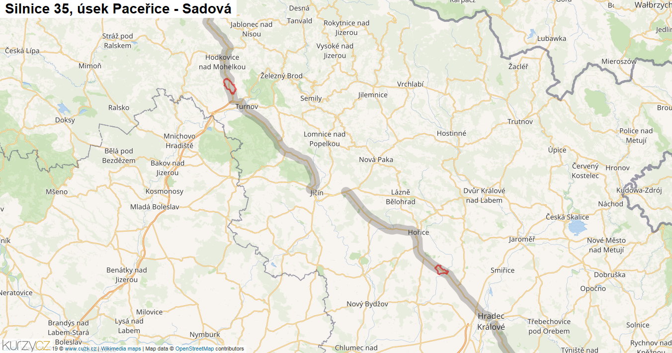 Úsek Paceřice - Sadová, Silnice 35 - Mapa