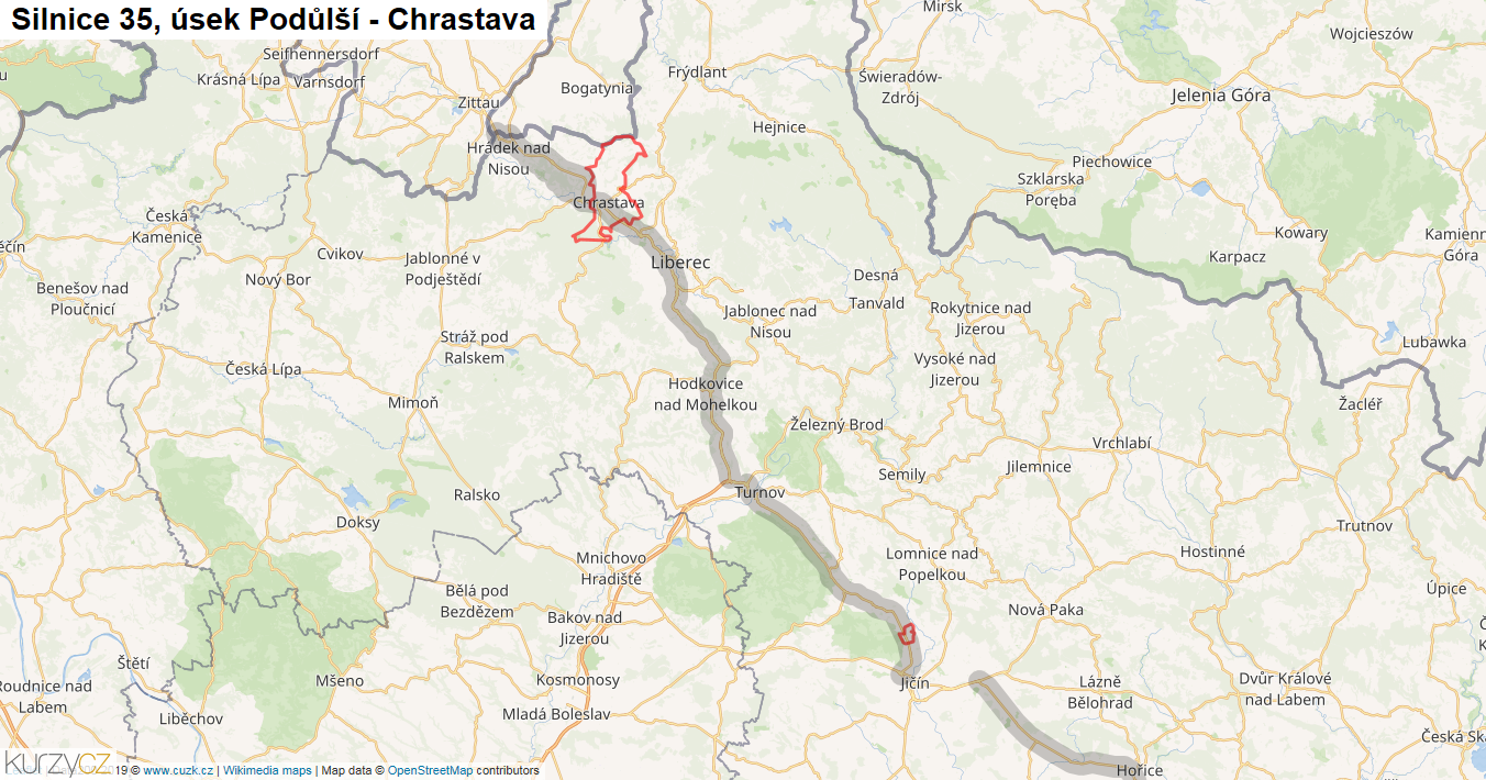 Úsek Podůlší - Chrastava, Silnice 35 - Mapa