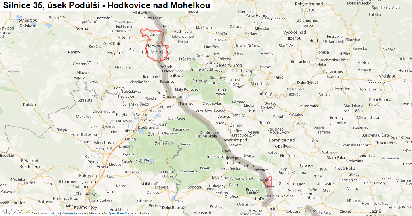 Úsek Podůlší - Hodkovice nad Mohelkou, Silnice 35 - Mapa