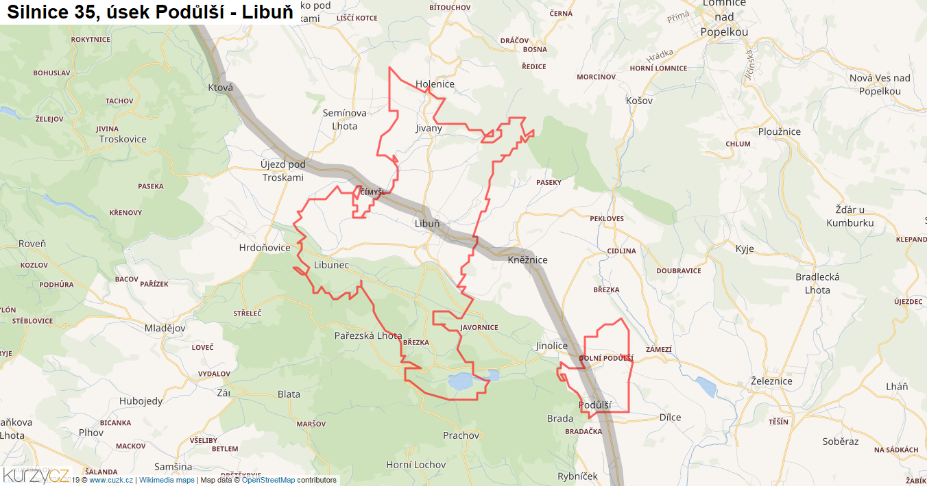 Úsek Podůlší - Libuň, Silnice 35 - Mapa