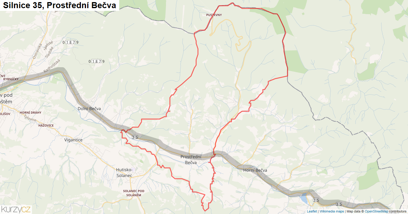Prostřední Bečva, Silnice 35 - Mapa