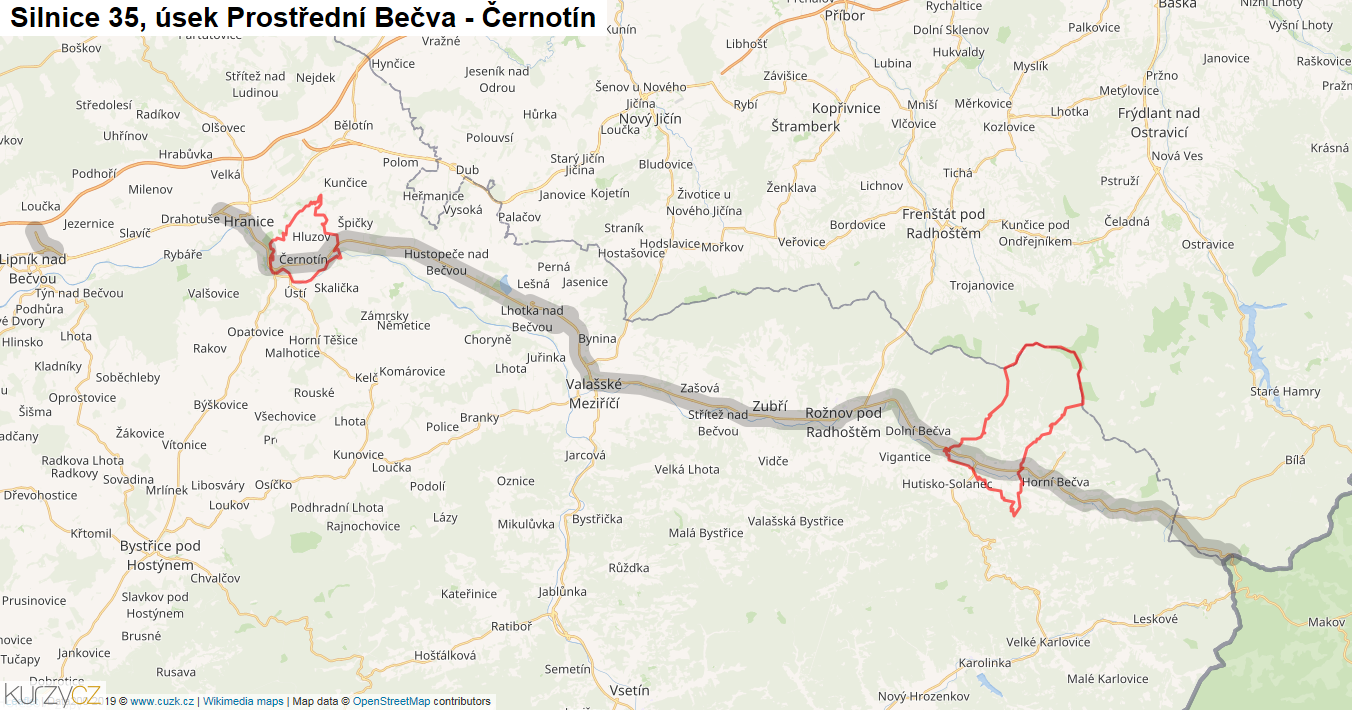 Úsek Prostřední Bečva - Černotín, Silnice 35 - Mapa