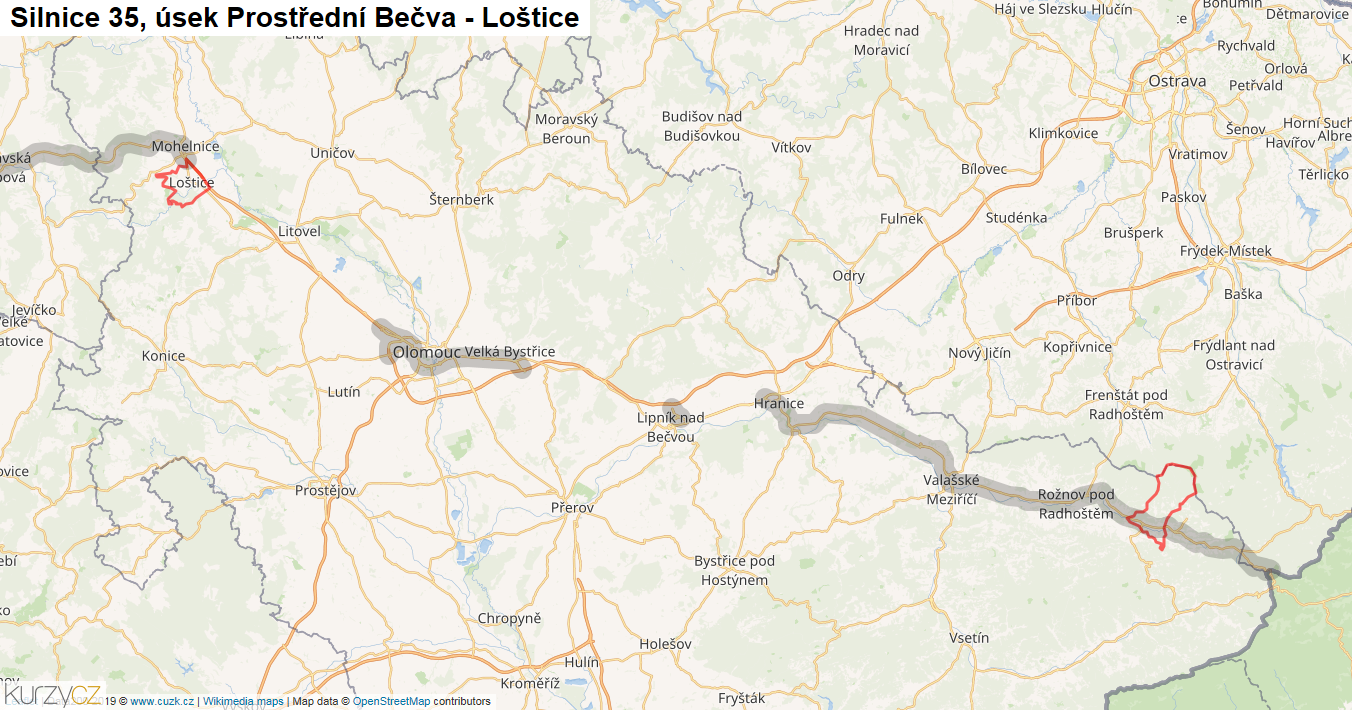 Úsek Prostřední Bečva - Loštice, Silnice 35 - Mapa