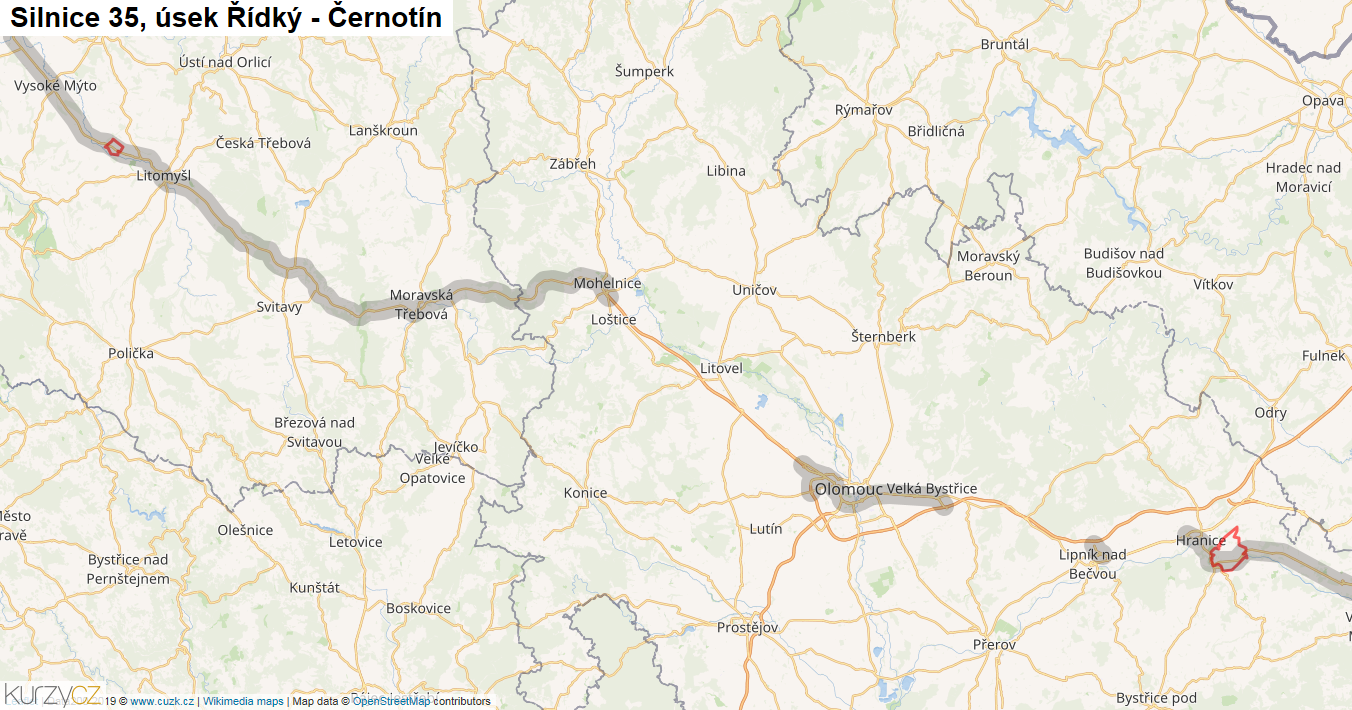 Úsek Řídký - Černotín, Silnice 35 - Mapa